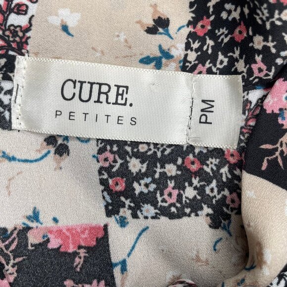 Cure. Petites Women's Floral Colorblock Lace Illusion Tie Neck Blouse Top PM - Picture 7 of 9